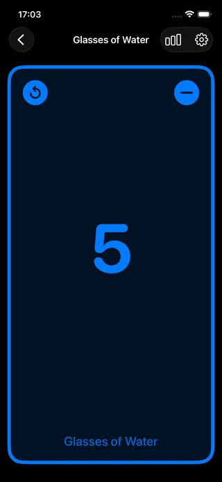 Click Counter app showing a water glasses counter at 5