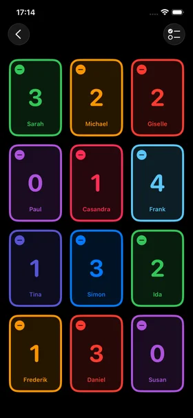 Click Counter app showing multiple colorful counters for different people